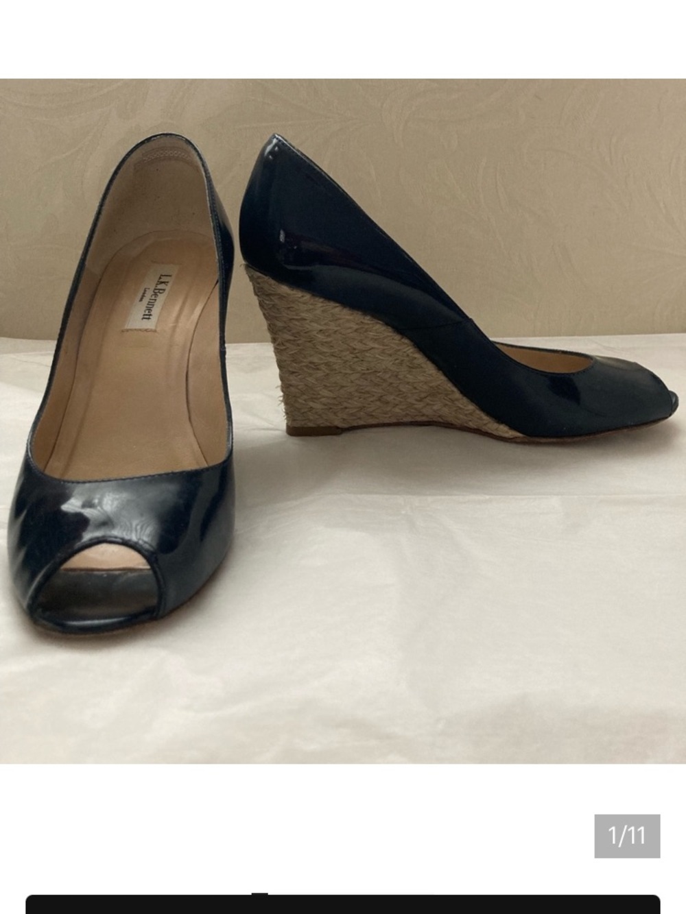 LK Bennett navy blue patent leather peep toe wedges sz 38